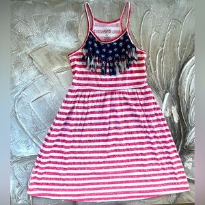 Girls Size 10/12 Americana Casual Cotton Tank Dress w/ Fringe, Stars & Stripes
